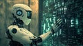 Advanced Robot Interacting with Digital Code in Futuristic Setting