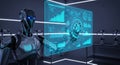 Advanced robot interacting with futuristic digital data display screen Royalty Free Stock Photo