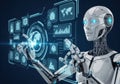 Advanced robot interacting with futuristic digital interface displaying global data and analytics Royalty Free Stock Photo