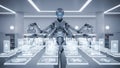 Advanced robot with multiple arms interacting with holographic digital interface and icons, AI technology concept Royalty Free Stock Photo