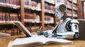 Advanced robot reading and writing white design sits in a library, surrounded by shelves of books, symbolizing the merge of