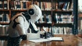 Advanced robot reading and writing white design sits in a library, surrounded by shelves of books, symbolizing the merge of