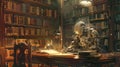 Advanced robot reading and writing white design sits in a library, surrounded by shelves of books, symbolizing the merge of