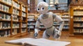 Advanced robot reading and writing white design sits in a library, surrounded by shelves of books, symbolizing the merge of