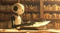 Advanced robot reading and writing white design sits in a library, surrounded by shelves of books, symbolizing the merge of
