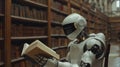 Advanced robot reading and writing white design sits in a library, surrounded by shelves of books, symbolizing the merge of