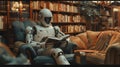 Advanced robot reading and writing white design sits in a library, surrounded by shelves of books, symbolizing the merge of