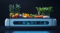 Futuristic AI diet assistant robot scanning fresh organic food with a sleek design and glowing interface in a modern