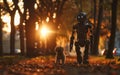An advanced robot walks a small, shaggy dog down a leaf-strewn path, highlighted by the sunset's radiance filtering