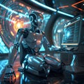 Advanced robot working on futuristic computer system Royalty Free Stock Photo
