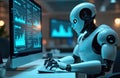Advanced robot works on computer analyzing data graphs. Futuristic artificial intelligence interfaces show charts and statistics. Royalty Free Stock Photo