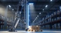 Advanced robotic arm in a modern warehouse utilizing a bright blue light for automated package processing and logistics Royalty Free Stock Photo