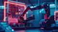 Advanced robotic arm producing a visual representation of automation statistics in real-time, within a futuristic lab
