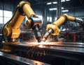 Advanced robotic arm welding metal frames in a high-tech workshop Royalty Free Stock Photo