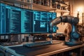 Advanced robotic arm working alongside dual monitors in a modern tech workspace Royalty Free Stock Photo