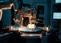 Advanced robotic arm working on a semiconductor wafer in a cleanroom environment