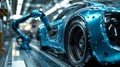 Robotic arms work diligently on an intricate automotive assembly line during a modern manufacturing process