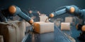 Advanced robotic arms sorting packages on a conveyor belt in a futuristic warehouse setting Royalty Free Stock Photo