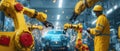 The advanced robotic arms working collaboratively in an automotive assembly line. AI generated image Royalty Free Stock Photo
