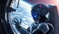 Advanced robotic astronaut repairing a space station, with Earth visible in the distance and holographic data floating around its