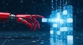 Advanced robotic hand interacting with digital data blocks in a futuristic setting Royalty Free Stock Photo