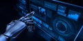 Advanced Robotic Hand Interacting with Digital Data Interface in Artificial Intelligence and Machine Learning Environment. 3d Royalty Free Stock Photo