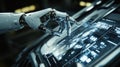 Advanced robotic hand interacting with futuristic touchscreen interface in high-tech environment displaying holographic data and