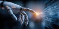 Advanced robotic hand interacting with glowing digital data streams and binary code Royalty Free Stock Photo