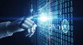 Advanced robotic hand interacting with a glowing digital screen displaying binary code and a secure lock icon signifying data Royalty Free Stock Photo