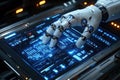 Advanced robotic hand interacting with a high-tech display in a futuristic envir Royalty Free Stock Photo