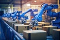 Advanced Robotic Handling Industrial Automation with Robotic Arms Packing Boxes in Warehouse, generative AI