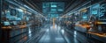 Advanced robotic manufacturing factory with futuristic technology and digital displays