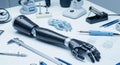 Advanced robotic prosthetic arm on a laboratory desk surrounded by tools and diagrams. concept of innovation, future technology Royalty Free Stock Photo