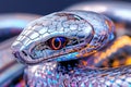 An advanced robotic snake gazes with intricate metallic scales and sophisticated sensors, symbolizing cutting-edge