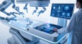 Robotic Surgery Assisted by Doctor with Advanced Technology Displaying Patient Data with Blue Light Accents and Operating Table Royalty Free Stock Photo