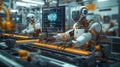 Advanced robotic systems working in a 5G-powered factory, operating machinery and monitoring production through digital interfaces