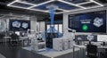 Advanced robotics and server racks in a modern tech lab with large screens displaying project data Royalty Free Stock Photo
