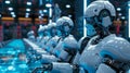 Advanced robots gathered around a futuristic digital business strategy table