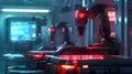 Advanced robots working with glowing red interfaces in a futuristic laboratory.