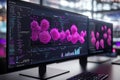 Advanced scientific data visualization on multiple monitors displaying viral mutation forecasts and intricate code. Royalty Free Stock Photo
