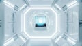 Advanced security in futuristic office with secure laptop, binary shield, and high tech gadgets
