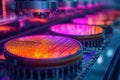Advanced semiconductor fabrication with vibrant lighting reveals intricate details of microchips at a high-tech facility Royalty Free Stock Photo