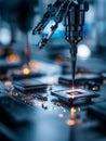 Advanced semiconductor manufacturing process with precision robotic soldering or inspection Royalty Free Stock Photo