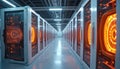 Advanced server room with rows of glowing supercomputers. Digital data processing units hum with orange energy. Futuristic Royalty Free Stock Photo
