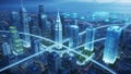 Advanced smart city with green rooftops and glowing digital network Royalty Free Stock Photo
