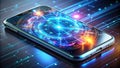Advanced smartphone displaying futuristic holographic interface with touch controls and graphics