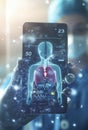 Advanced smartphone displaying heart health data with digital human body. image conveys sense of innovation and health monitoring