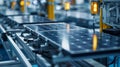 An advanced solar panel assembly line with machines seamlessly integrating different components to produce a