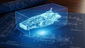 Advanced Spacecraft Concept Materializing as a Wireframe Hologram on Blueprints Royalty Free Stock Photo