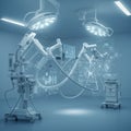 Advanced surgical robot in a futuristic operating room features multiple articulated